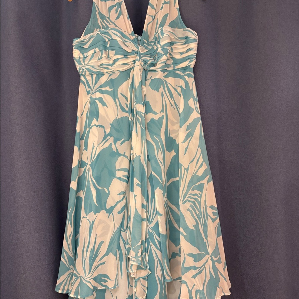 Donna Ricco chiffon Aqua and Cream Floral Silk Lined Midi Dress